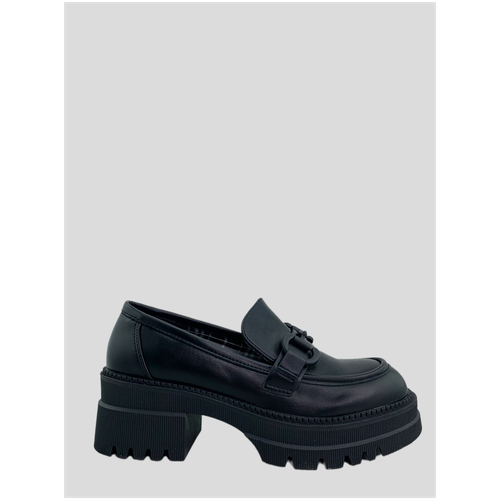 Лоферы женские туфли из экокожи на высокой рельефной подошве с массивным квадратным каблуком (2328) Цвет: Черный