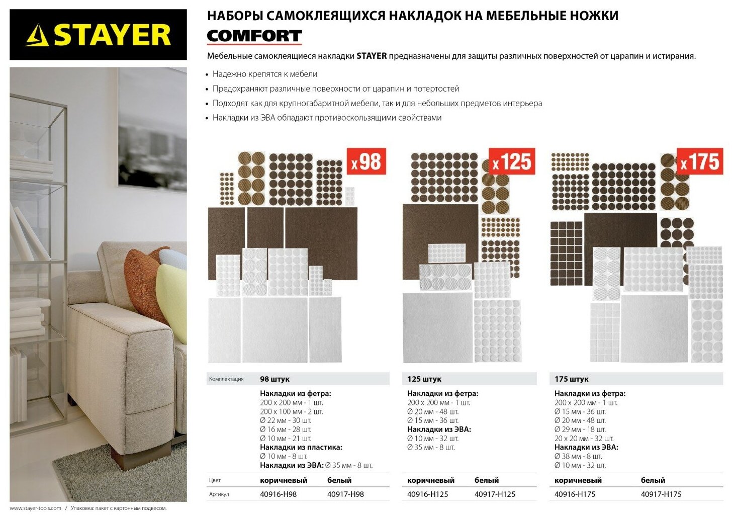 STAYER белые, самоклеящиеся, 125 шт, набор мебельных накладок (40917-H125)