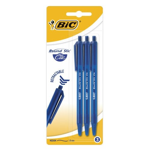 Ручки шариковые автоматические BIC Round Stic Clic набор 3 синие линия письма 0 32 мм блистер, 5 шт