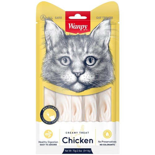 Wanpy Cat Лакомство для кошек нежное пюре из курицы 70 г (5 шт.)