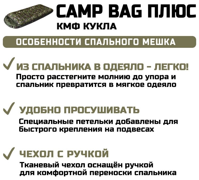 Спальный мешок с подголовником Prival Camp bag плюс, до -5C, 220х90см, камуфляж Кукла, молния слева