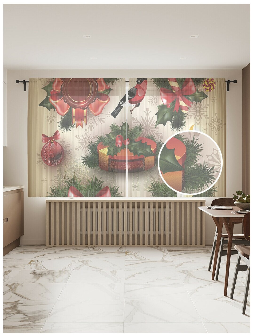 Тюль для кухни и спальни JoyArty "Новогодний дух", 2 полотна со шторной лентой шириной по 145 см, высота 180 см.