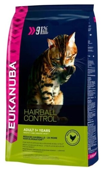 Корм сухой Eukanuba Adult Hairball Control для взрослых кошек способствующий выведению комочков шерсти 400г