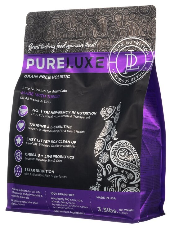 Pureluxe, Элитное Питание для взрослых кошек с индейкой 5 кг - фото №2