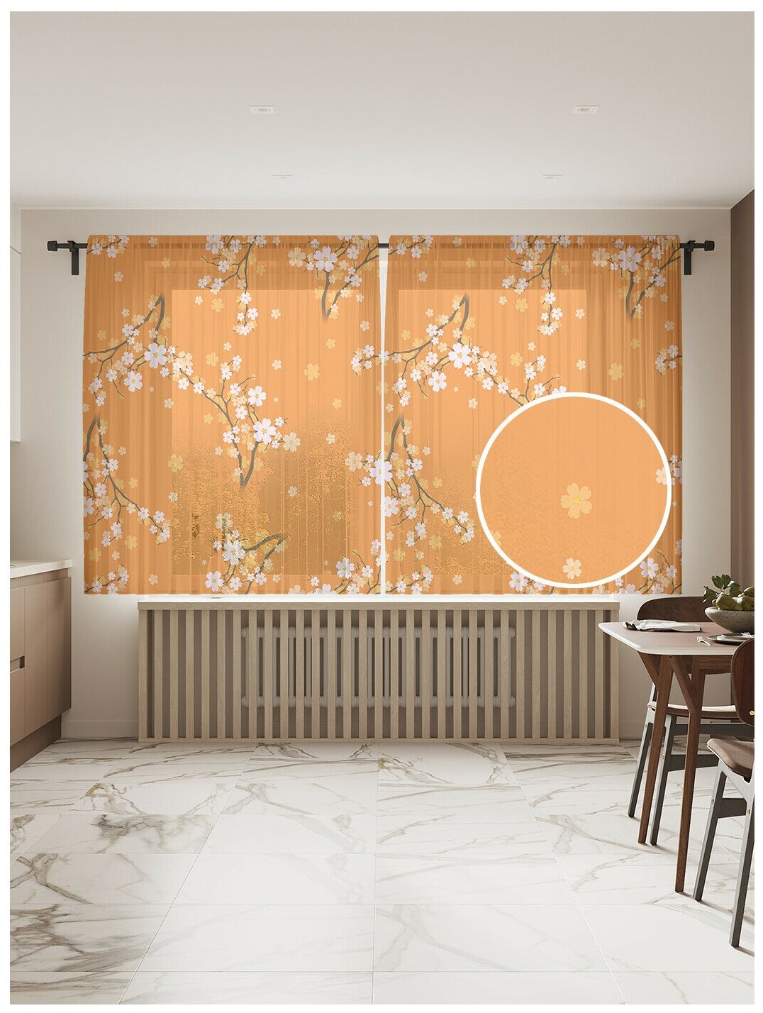 Тюль для кухни и спальни JoyArty "Цветы на оранжевом фоне", 2 полотна со шторной лентой шириной по 145 см, высота 180 см.