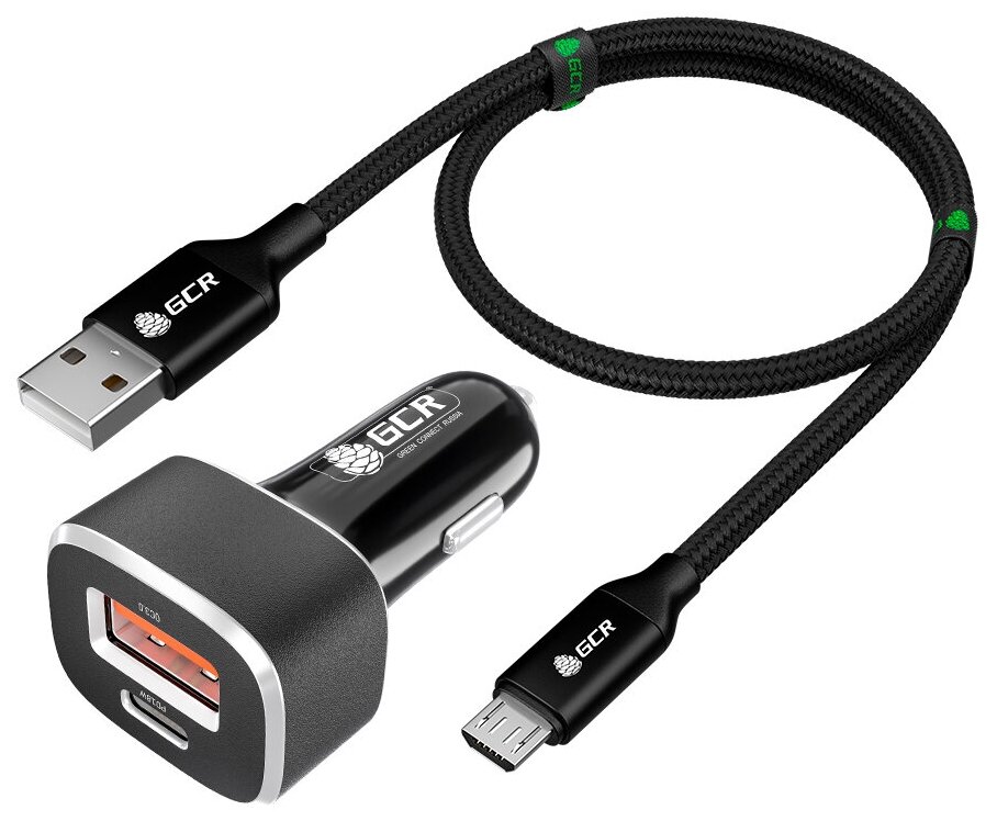 GCR Комплект автомобильное зарядное устройство на 2 USB порта QC3.0 + PD18W [TypeA + TypeC] + кабель 1.0m MicroUSB, черный