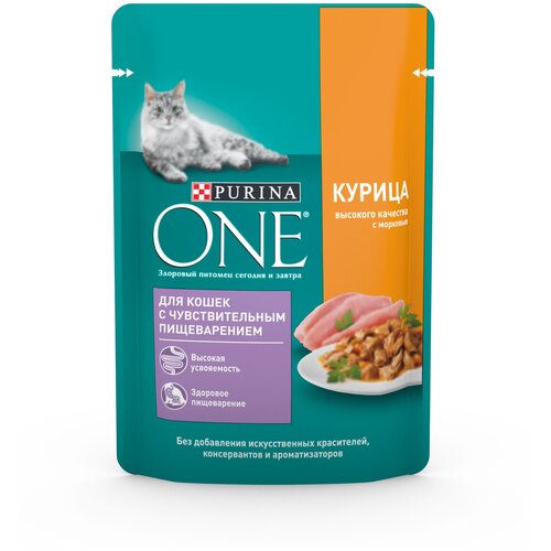 Влажный корм Purina one для кошек с чувствительным пищеварением, с курицей и морковью, 75г х 4 шт