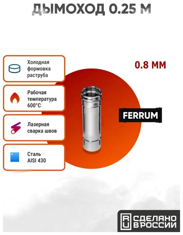 Дымоход Ferrum 025 м AISI 430/нерж. 08 мм (120 мм Стальной)