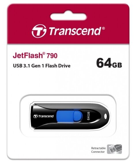 USB флешка Transcend 64Gb JetFlash 790K black USB 3.1 Gen 1 (90/28 Mb/s)