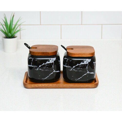 Набор керамических баночек для специй Черный мрамор 1560₽
