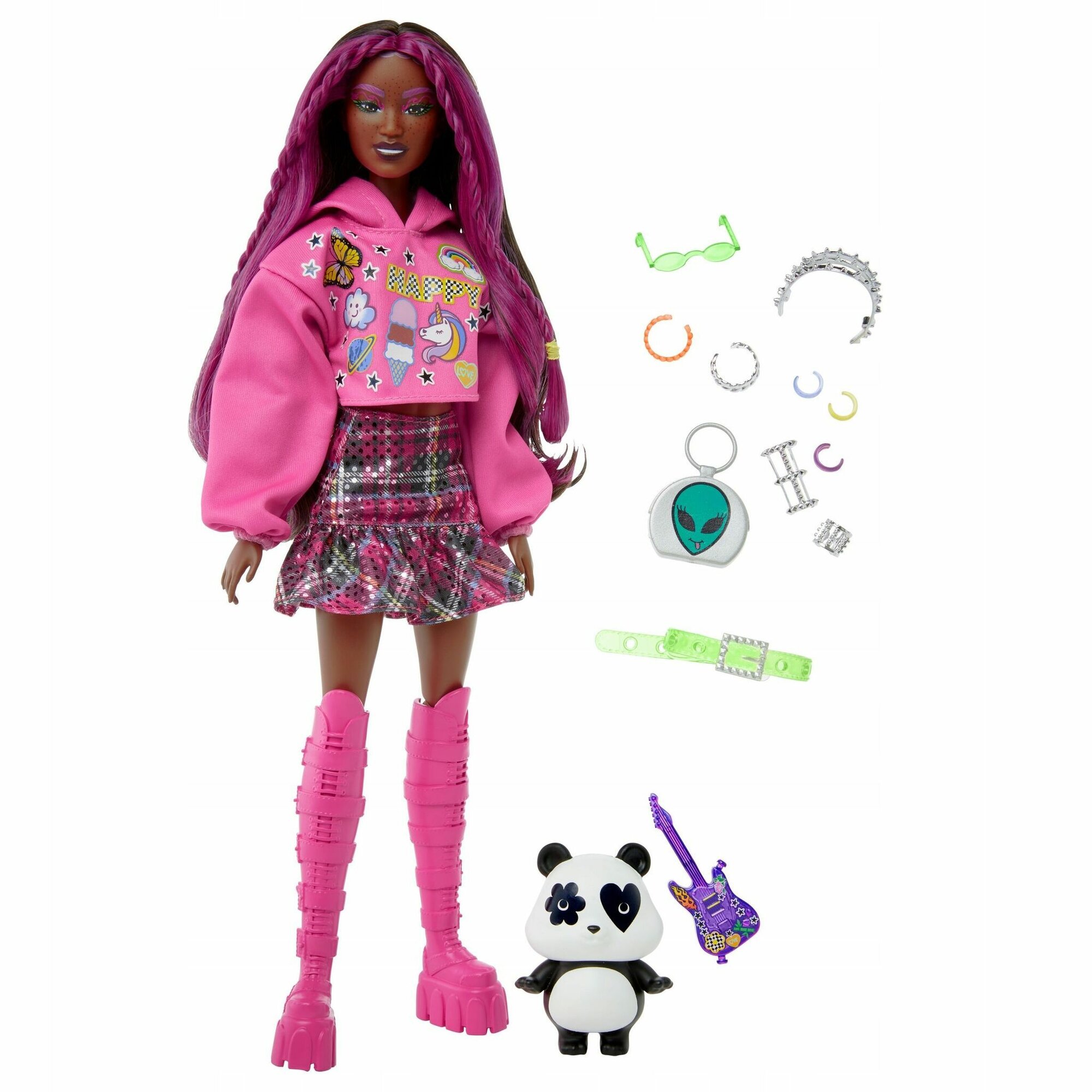 Barbie Extra Doll 19 - Кукла Барби Экстра 19 в Худи и клетчатой юбке с питомцем Панда HKP93