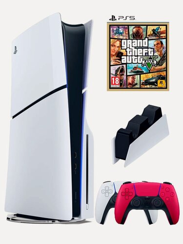 Изображение товара PS5 (ПС5) Игровая приставка Sony PlayStation 5 Slim +2-й геймпад(красный)+зарядное+Игра Grand Theft Auto V, 1000 ГБ
