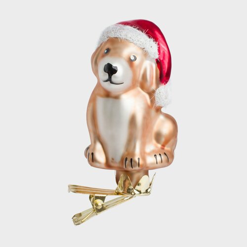 Игрушка елочная, 6 см, на клипсе, стекло, Пес в новогодней шапке, Figure christmas золотистый, золотой