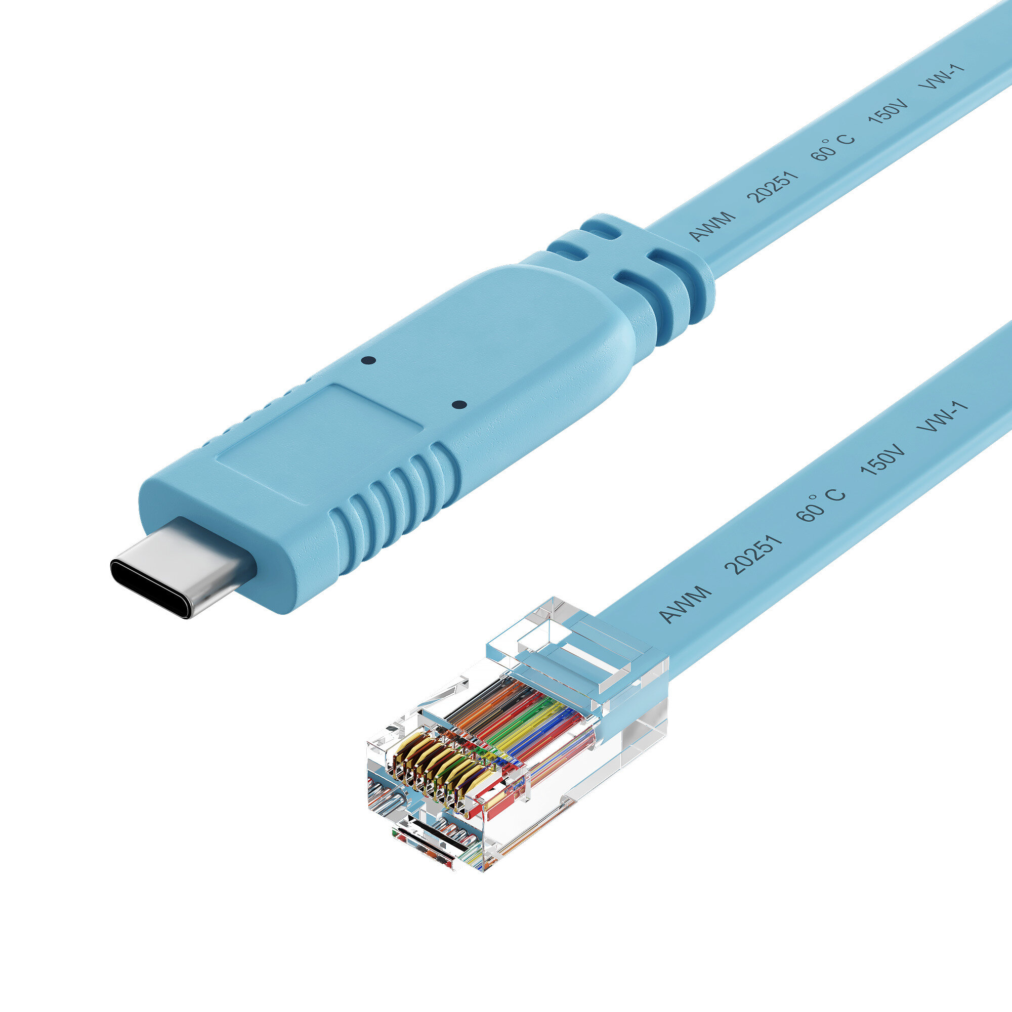 Консольный кабель FTDI USB (Type-C) к RJ-45 (RS232) адаптер GSMIN C46 для подключения к сетевому оборудованию Cisco, Huawei, H3C 1.5м (Голубой)