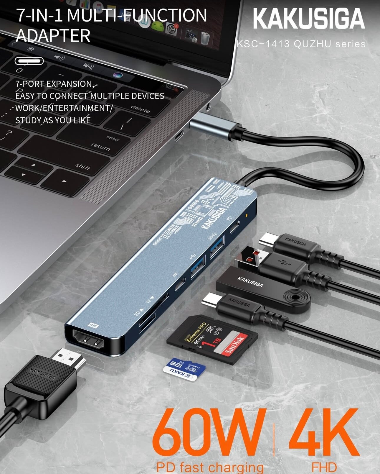 Kakusiga 7-в-1 USB-C Hub Многофункциональный адаптер / Подключается к 7 различным портам через USB Type-C