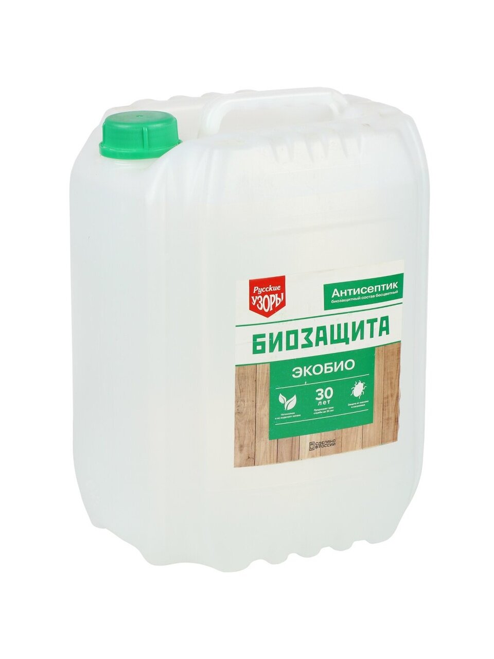 Антисептик для дерева Русские узоры Био бесцветный 10 л защита от плесени и насекомых для внутренних и наружных работ