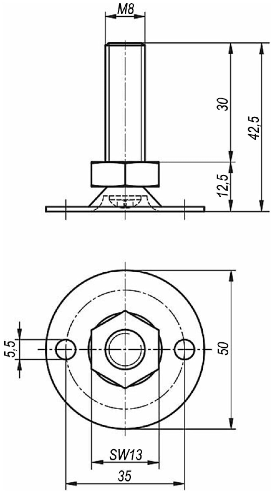 KIPP Регулируемая винтовая опора из стали M8X30 K0678.15008X030 — фото 2