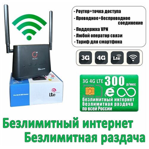 Комплект с безлимитным интернетом и раздачей, Wi-Fi роутер OLAX AX5 PRO со съемным аккумулятором + сим карта с тарифом за 300р/мес