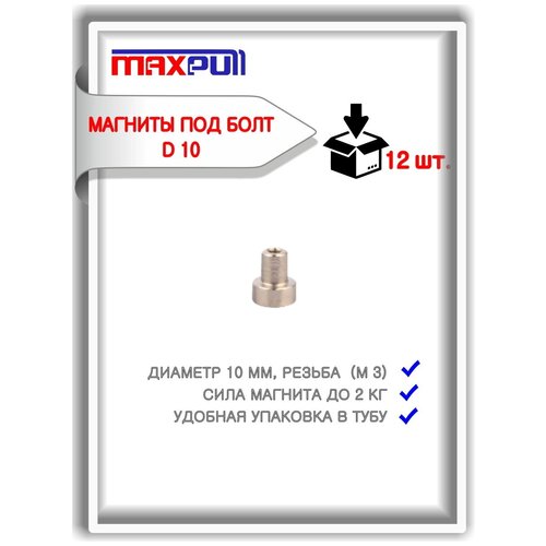 Неодимовые магниты в металлическом корпусе MaxPull под болт D10 набор 12 штук в тубе. Сила сцепления - 2 кг.