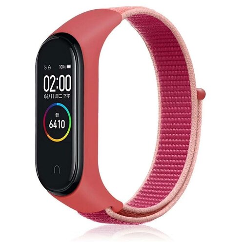 Нейлоновый ремешок для фитнес-браслета Xiaomi Mi Band 3/4/5/6/7 (ми бэнд), малиново-бежевый