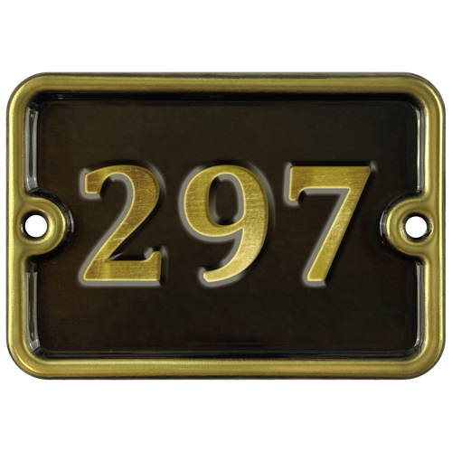Номер на дверь "297", самоклеющийся, 8х10 см, из латуни, лакированный. Все цифры в наличии.