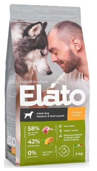 Полнорационный корм Elato для взрослых собак средних и крупных пород Holistic с курицей и уткой, 2 кг