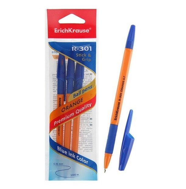 Ручка шариковая Erich Krause R-301 Orange 0.7 Stick&Grip в наборе из 3 штук пакет - фото №4