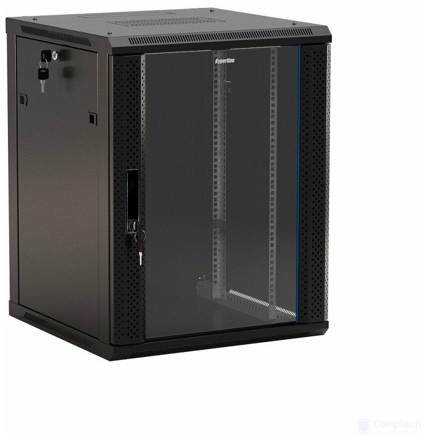 Шкаф Hyperline Hyperline TWB-1245-GP-RAL9004 Шкаф настенный 12U, 650x600х450мм, стеклянная дверь с перфорацией по б 12U,