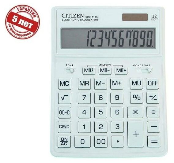 Калькулятор настольный Citizen 12-разр, 155*204*33мм, 2-е питание, белый SDC-444XRWHE 5270042