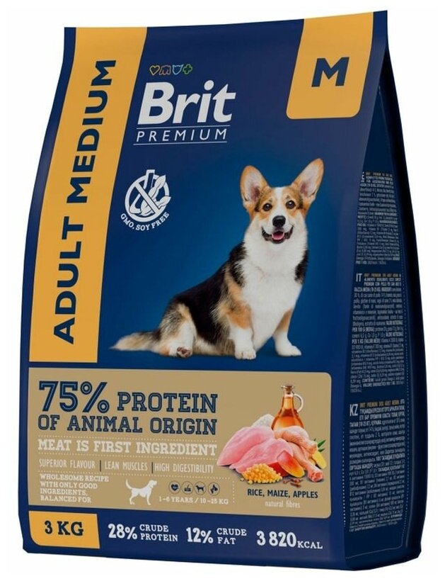 Корм Brit Premium Dog Adult Medium с курицей для взрослых собак средних пород, 3кг