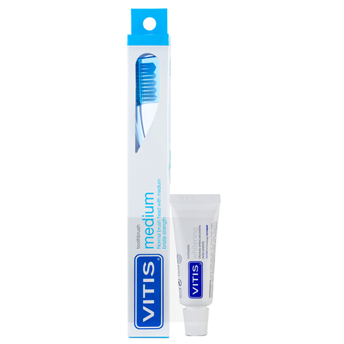 Купить Щётка зубная в твердой упаковке Vitis Medium + Зубная паста Vitis Whitening 15 мл, Dentaid