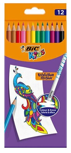 Карандаши цветные стираемые с ластиком BIC "Kids Evolution Illusion" 12 цветов европодвес, 3 шт