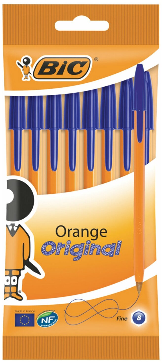 Ручки шариковые BIC "Orange Fine", набор 8 шт, синие, линия письма 0,32 мм, пакет, 919228