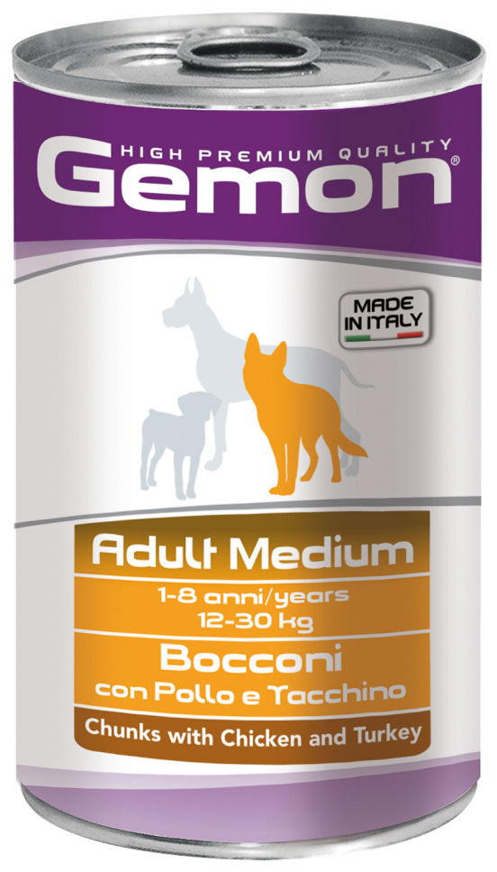 Gemon Dog Medium влажный корм для взрослых собак средних пород кусочки курицы с индейкой в консервах - 1,25 кг х 12 шт