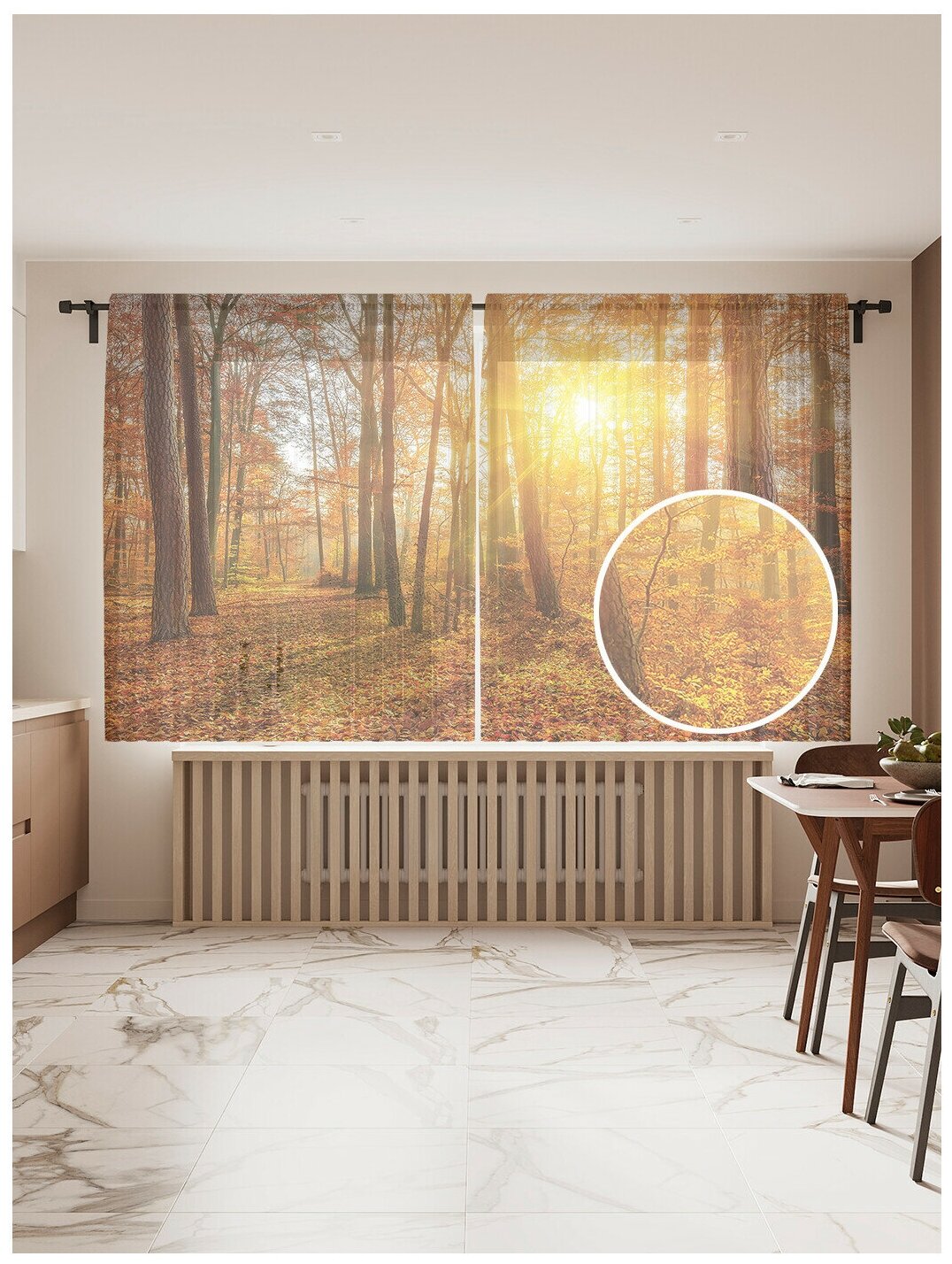 Тюль для кухни и спальни JoyArty "Лесное покрытие", 2 полотна со шторной лентой шириной по 145 см, высота 180 см.