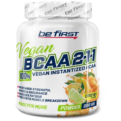 BCAA Be First BCAA 2:1:1 Vegan powder, цитрусовый микс, 200 гр. be first aakg 2 1 strong 8000 20 ампул цитрусовый микс