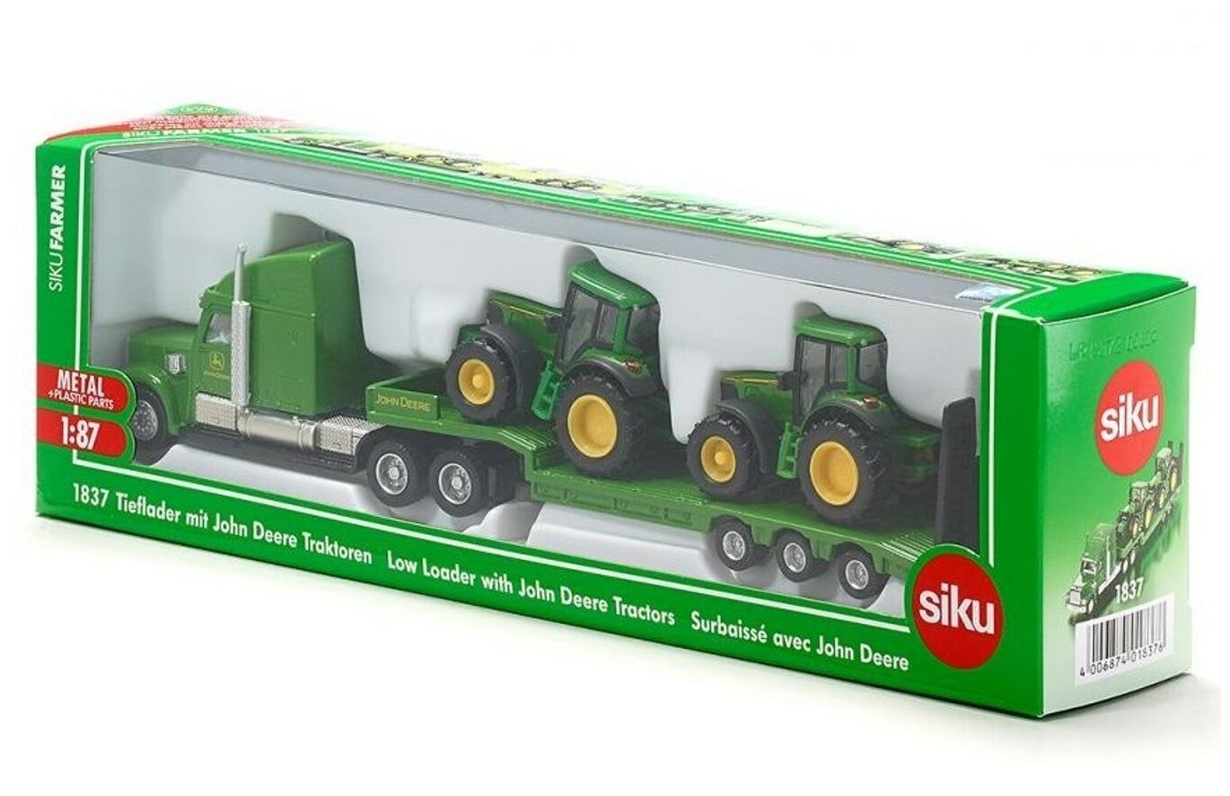 Масштабная модель SIKU Тягач с 2 тракторами Джон Дир, зел. (1:87) - фото №3
