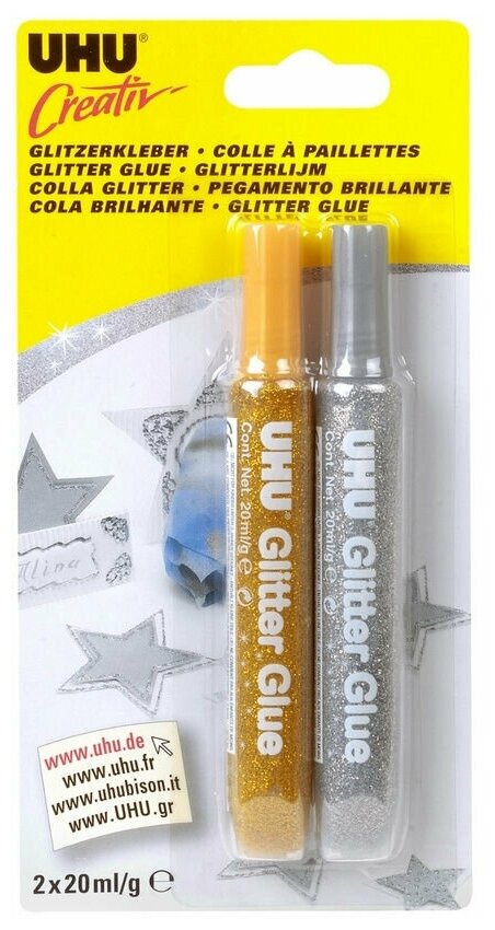 Клеящие блестки золото-серебро UHU Creativ Glitter Glue для декора, 2*10 мл