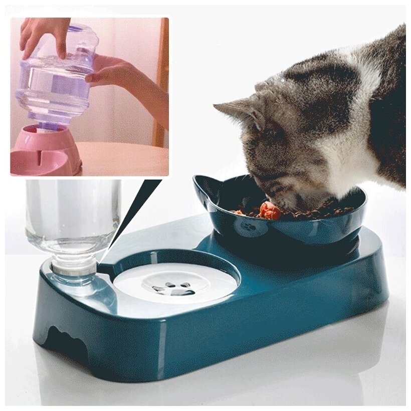 2 в 1 миски для собак и кошек с дозатором для воды, автоматическая подача воды для домашних животных 0-15, обезжиривающие миски для кошек - фотография № 7