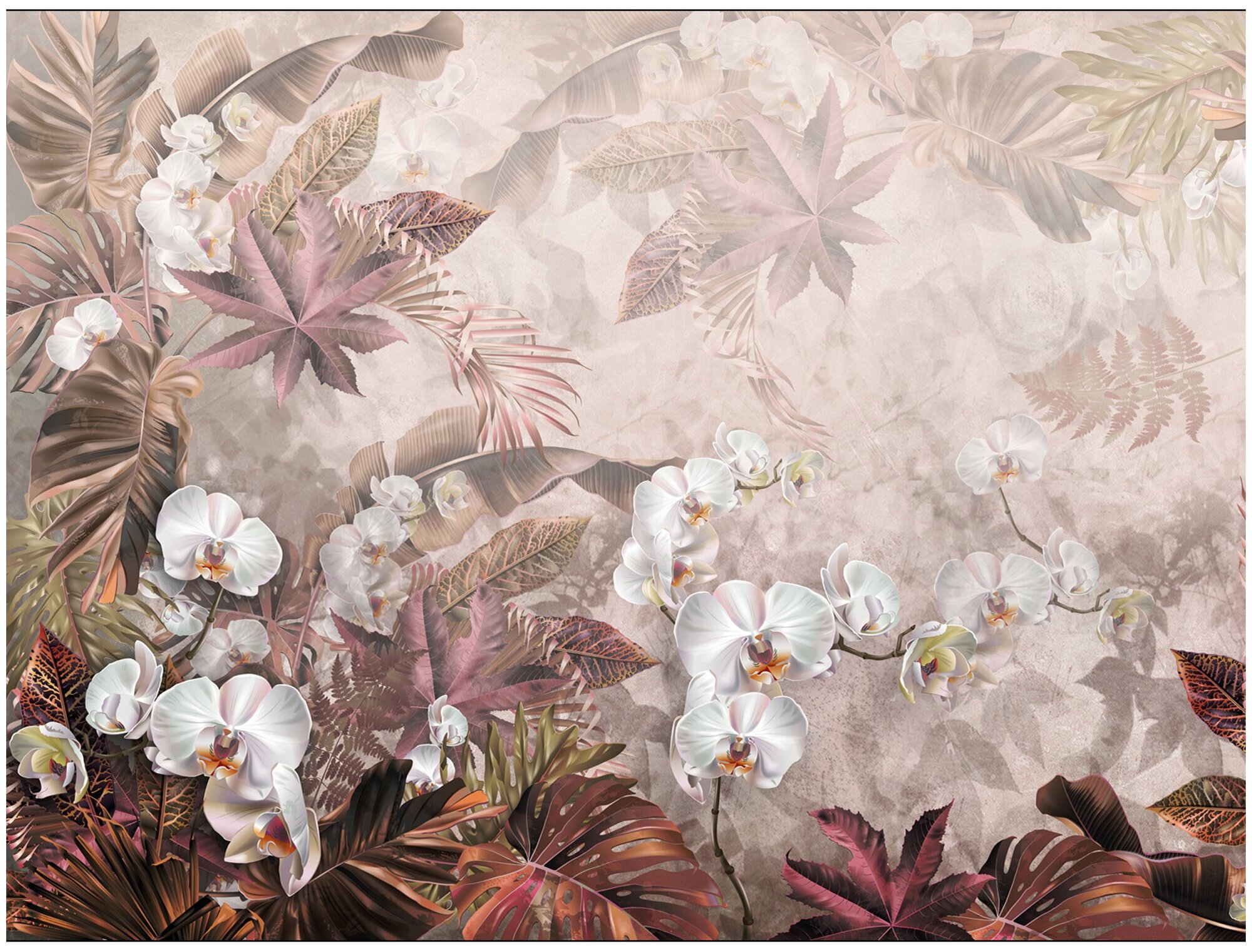 Фотообои флизелиновые Hit Wall Тропический лес и орхидеи розовые тона 200х150 на стену - фотография № 2