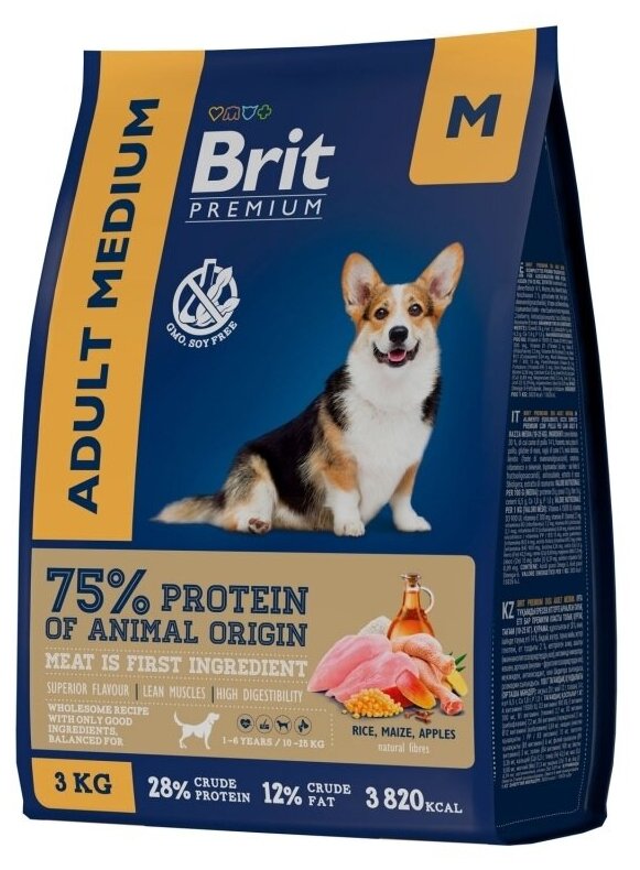 Brit Premium Dog Adult Medium 3кг х 2шт курица сухой для взрослых собак средних пород (10–25кг