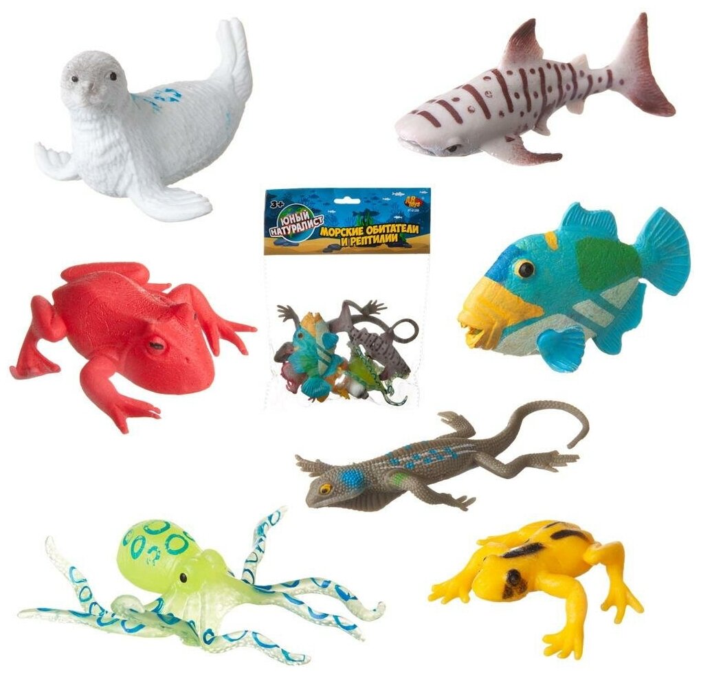 Игровой набор ABtoys Юный натуралист Фигурки-тянучки пластичные Морские обитатели и рептилии 7 штук