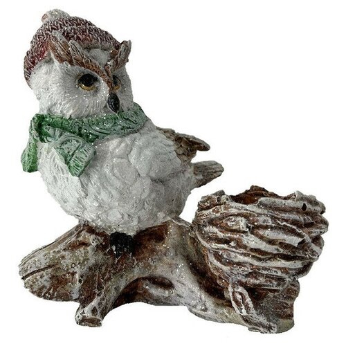 Новогодняя фигурка, статуэтка из полистоуна 'Совенок на коряге подсвечник Новогодний 9x15x15 см'.