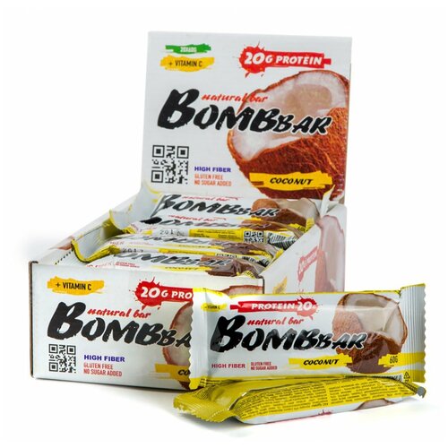 Протеиновый батончик BOMBBAR Natural Bar, 1200 г, 1200 мл, кокос вафли bombbar natural bar 1200 г тирамису