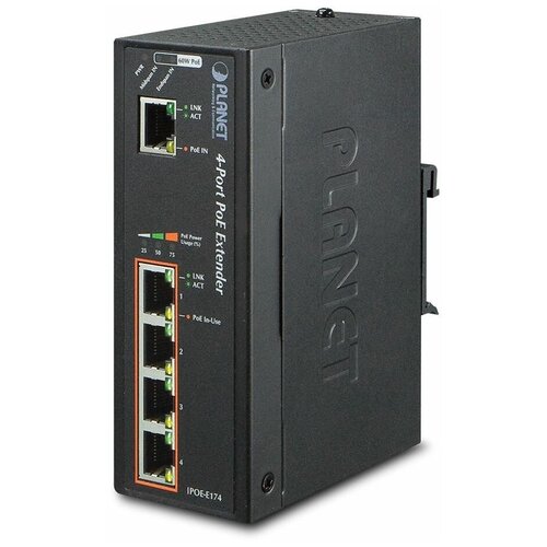Удлинитель Planet IPOE-E174 промышленный IP30 1-Port GE 60W Ultra POE to 4-Port 8023afat -40 to 75 C 1647700₽