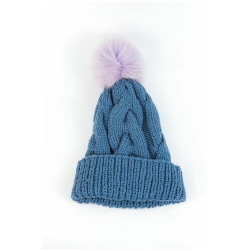 фото Шапка женская синяя carolon крупной вязки с отворотом / стильные вязаные шапки для женщин c меховым помпоном