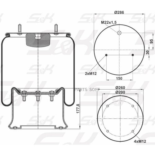 S&K SK0285K01PL Premium Line Пневмоподушка со стаканом (металл 2шп. 4отв. М12 ) [М12 смещ.30 1отв-шт. М22][Гарантия 3 года] SCHMITZ