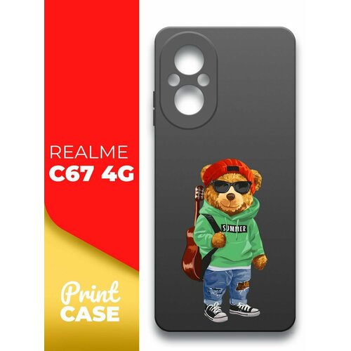 Чехол на Realme C67 4G (Реалми С67 4г) черный матовый силиконовый с защитой (бортиком) вокруг камер, Miuko (принт) Мишка Гитара чехол на realme c67 4g реалми с67 4г черный матовый силиконовый с защитой бортиком вокруг камер miuko принт котик chill