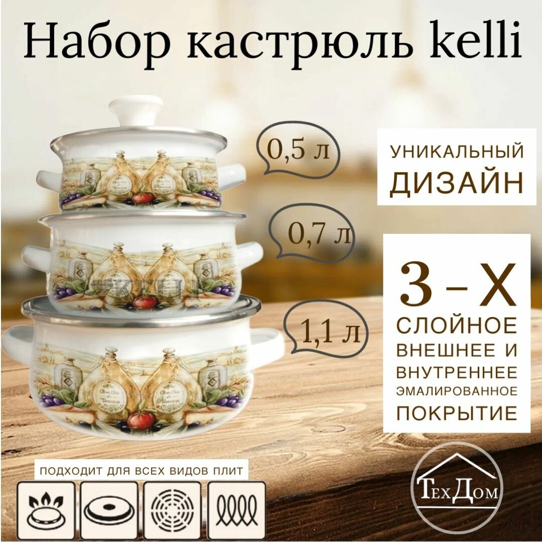 Набор посуды Kelli KL-4452 Эмаль 6 предметов 0,5л 0,7л 1,1л — фото 1