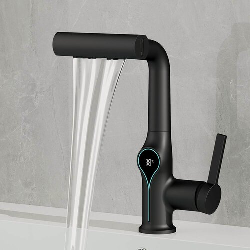 Изображение товара Смеситель для кухни, черный, с гибким выдвижным изливомеситель, дисплей, умный
